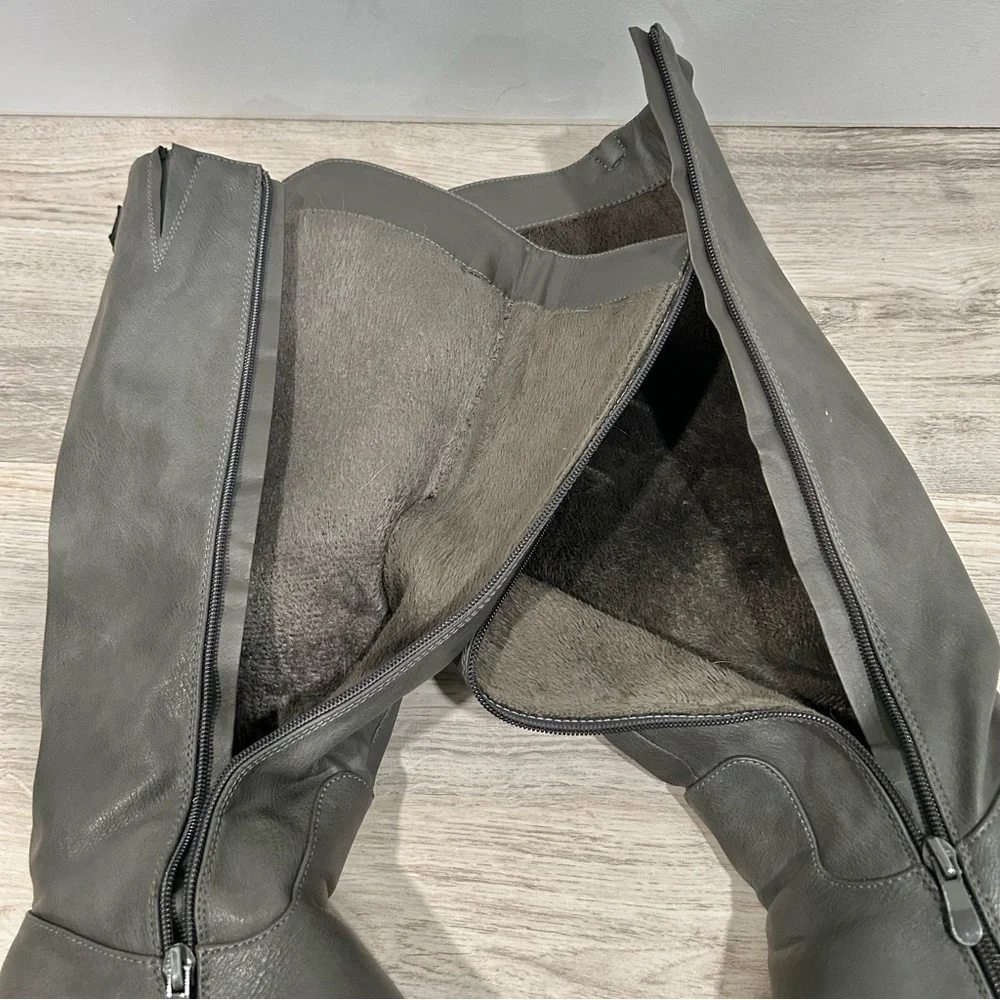 Dream Pairs Tall Riding Gray Faux Leather Fur Lined Boots Full Zip Up Size 8